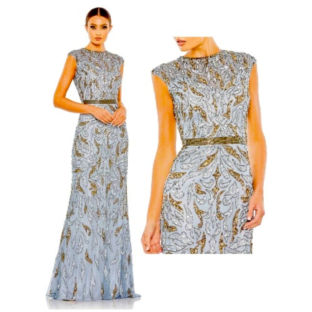 Mac Duggal Silver and Gold Embellished Maxi Dress